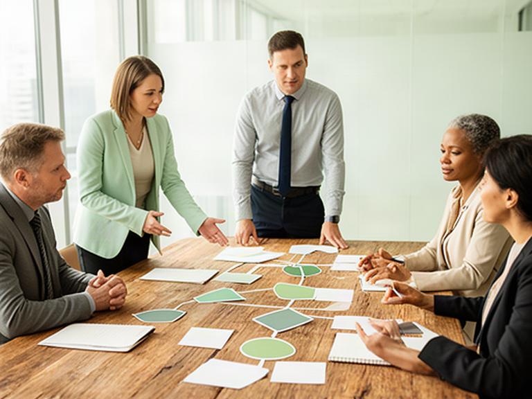 Managementteam bespreekt een organisatiestructuur aan een houten tafel in een lichte vergaderruimte